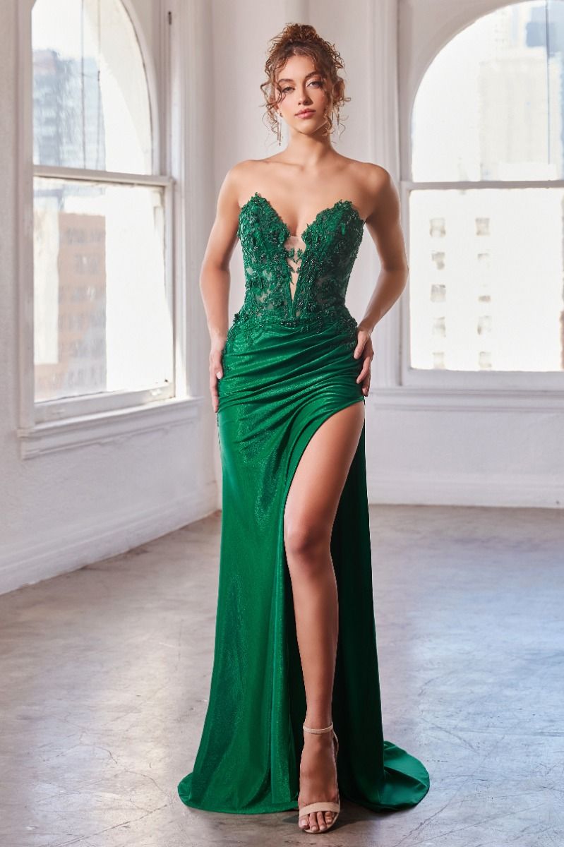 Sky Blue | Emerald Green | Red | Black Strapless Lace Illusion Gown with Slit CDCDS465-2